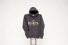 Load image into Gallery viewer, King&#39;s College Hoodie, Grey.  This cozy hoodie is a very popular item! The hood with drawstrings is both stylish and practical.   Features a beautifully embroidered two colour logo.  Wash and wear made with 50% cotton, 50% polyester.  Neutral grey is always a great choice.
