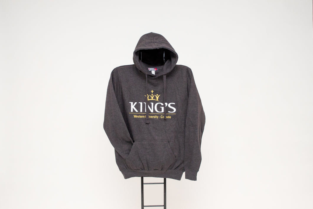 King's College Hoodie, Grey.  This cozy hoodie is a very popular item! The hood with drawstrings is both stylish and practical.   Features a beautifully embroidered two colour logo.  Wash and wear made with 50% cotton, 50% polyester.  Neutral grey is always a great choice.